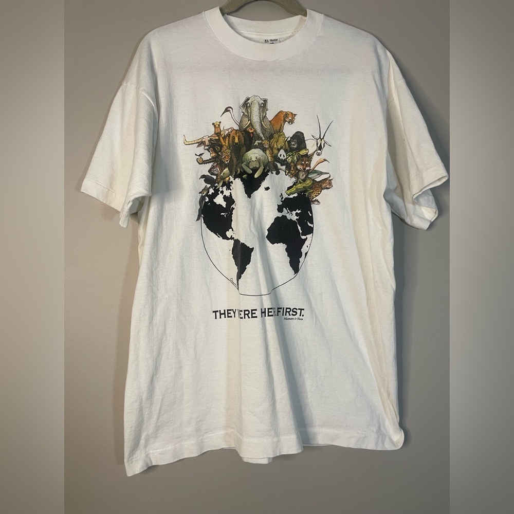 vintage 1992 Human-i-Tees "They Were Here First" white cotton graphic t-shirt